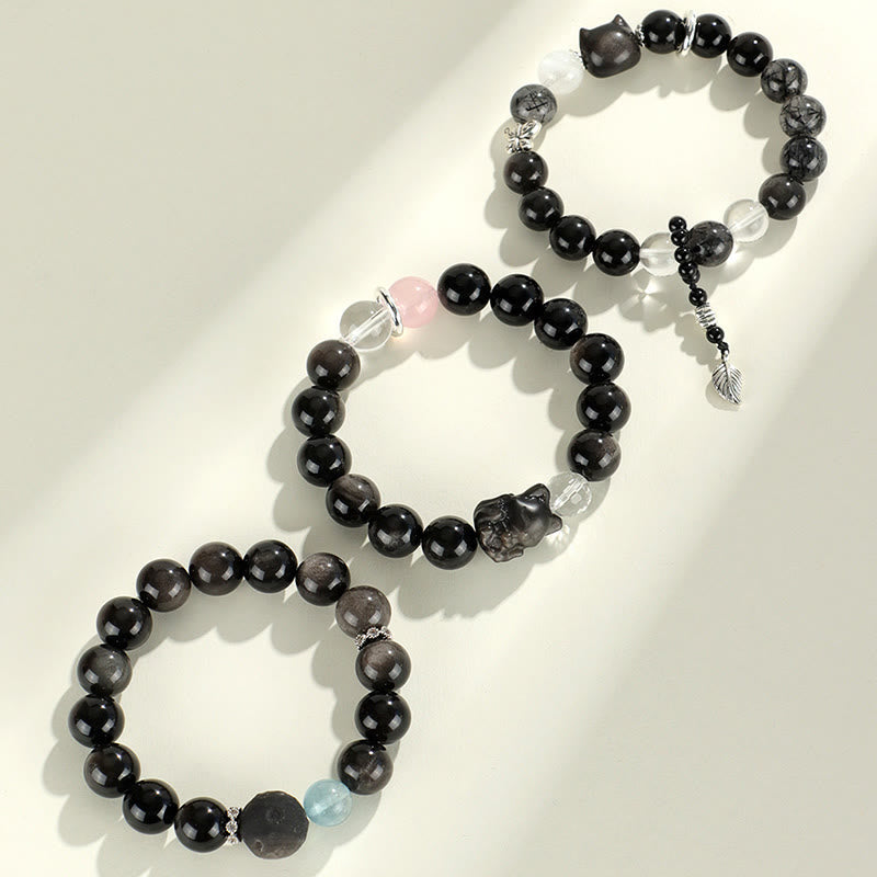 Wear FengShui Natural Silver Sheen Obsidian Cat Head Fox Planet Protection Bracelet