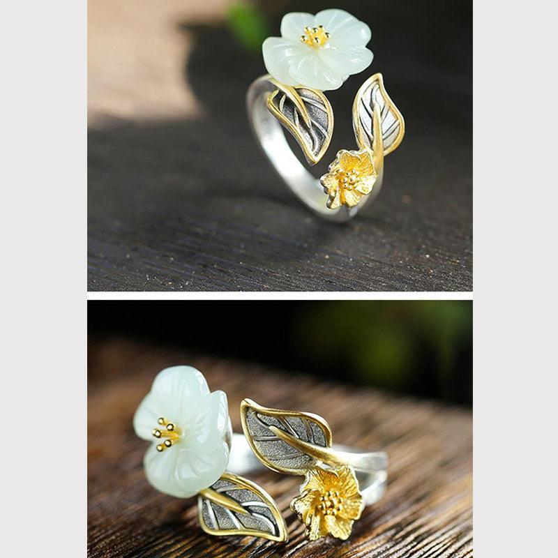 Wear FengShui 925 Silver Plated Copper White Jade Plum Flower Leaf Luck Ring
