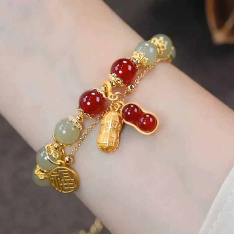 Wear FengShui Jade Leaf Ginkgo Tulip Peanut Fu Character Luck Beaded Bracelet