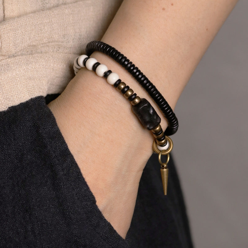 Wear FengShui Bone Beads Ebony Wood Copper Strength Couple Bracelet