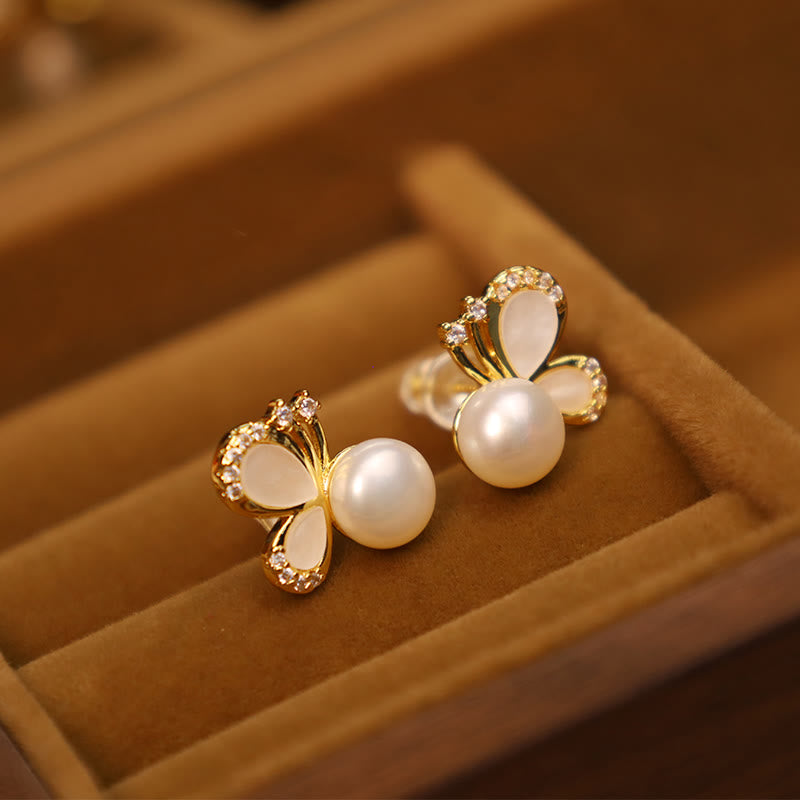 Wear FengShui 925 Sterling Silver Posts 18K Gold Plated Copper Natural Pearl Butterfly Zircon Healing Stud Earrings