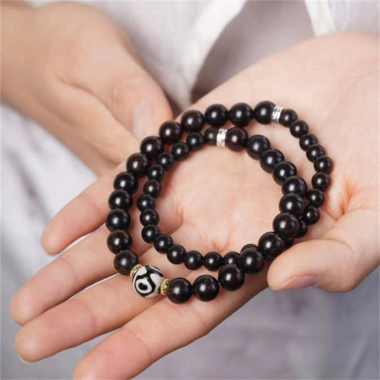 Wear FengShui Tibet Ebony Wood Dzi Bead Balance Double Wrap Bracelet