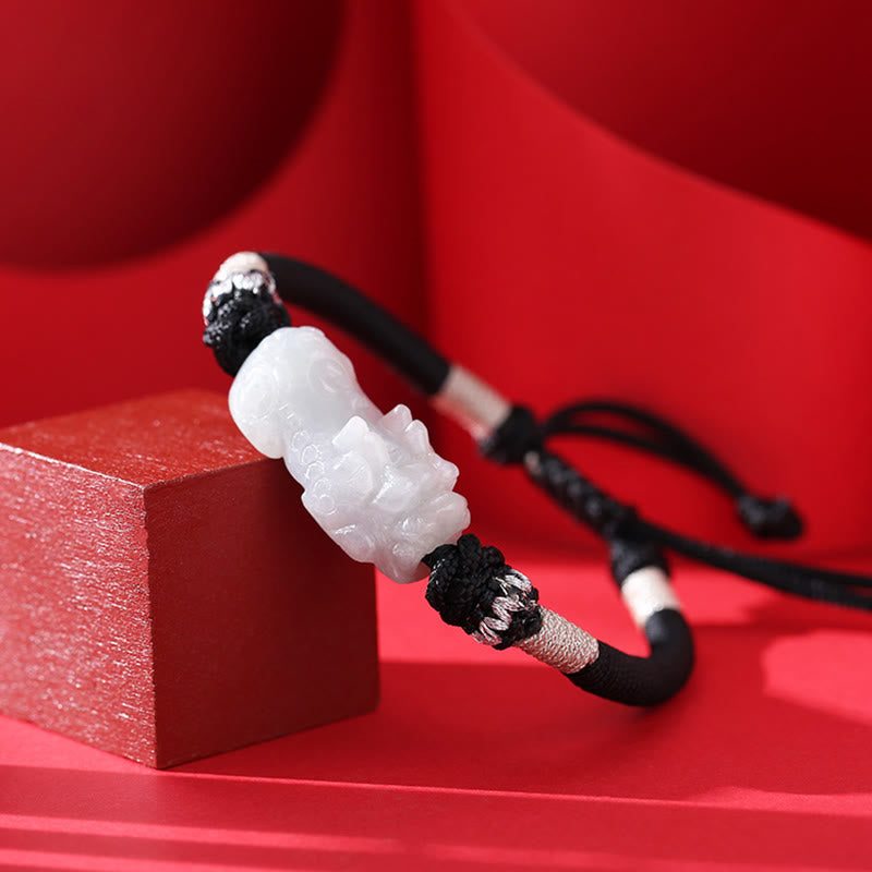 Wear FengShui Handmade Natural Jade PiXiu Luck Prosperity Braided String Bracelet