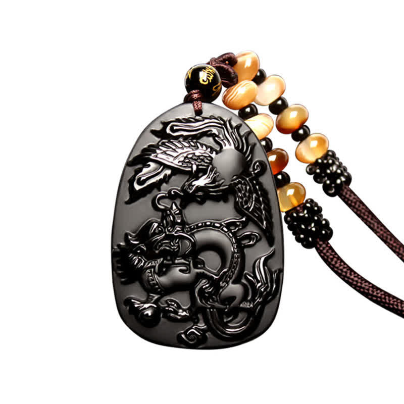 Wear FengShui Black Obsidian Tiger Eye Dragon Phoenix Protection Beaded Necklace Pendant