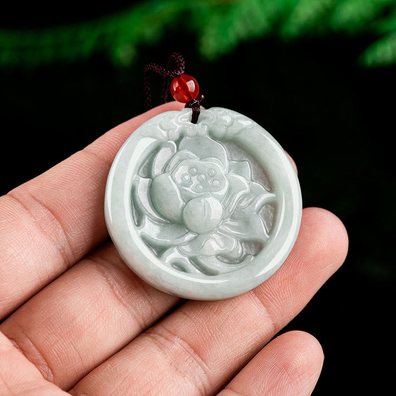 Wear FengShui Natural Jade Lotus Flower Carved Prosperity Necklace Pendant