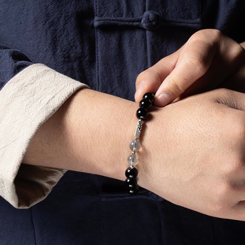 Wear FengShui 925 Sterling Silver Obsidian Moonstone Strength Couple Bracelet