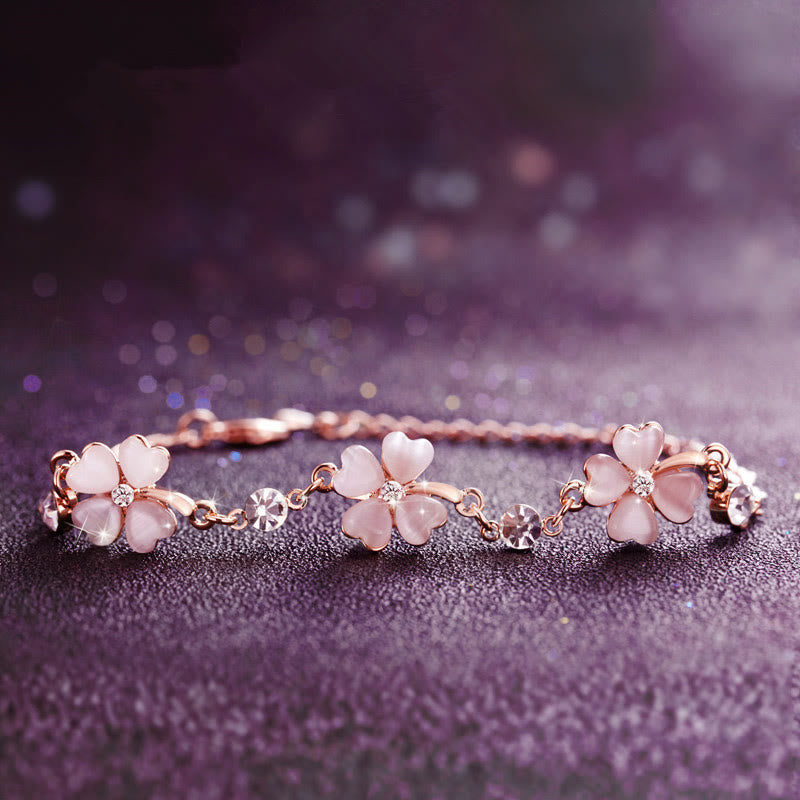 Wear FengShui Pink Crystal Four Leaf Clover Love Chain Bracelet