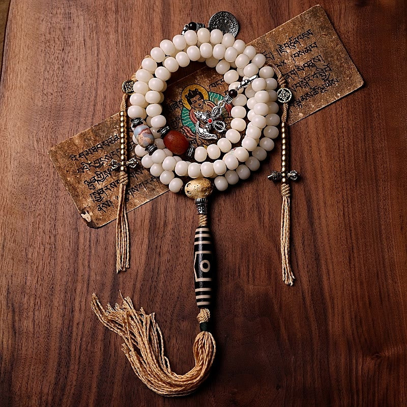 Wear FengShui Tibet 108 Mala Beads Bodhi Seed Bagua Vajra Dzi Bead Gray Agate Wealth Bracelet