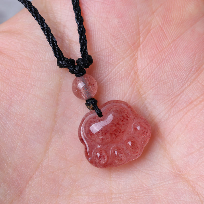 Wear FengShui Strawberry Quartz Lovely Cat Paw Claw Healing Necklace Pendant