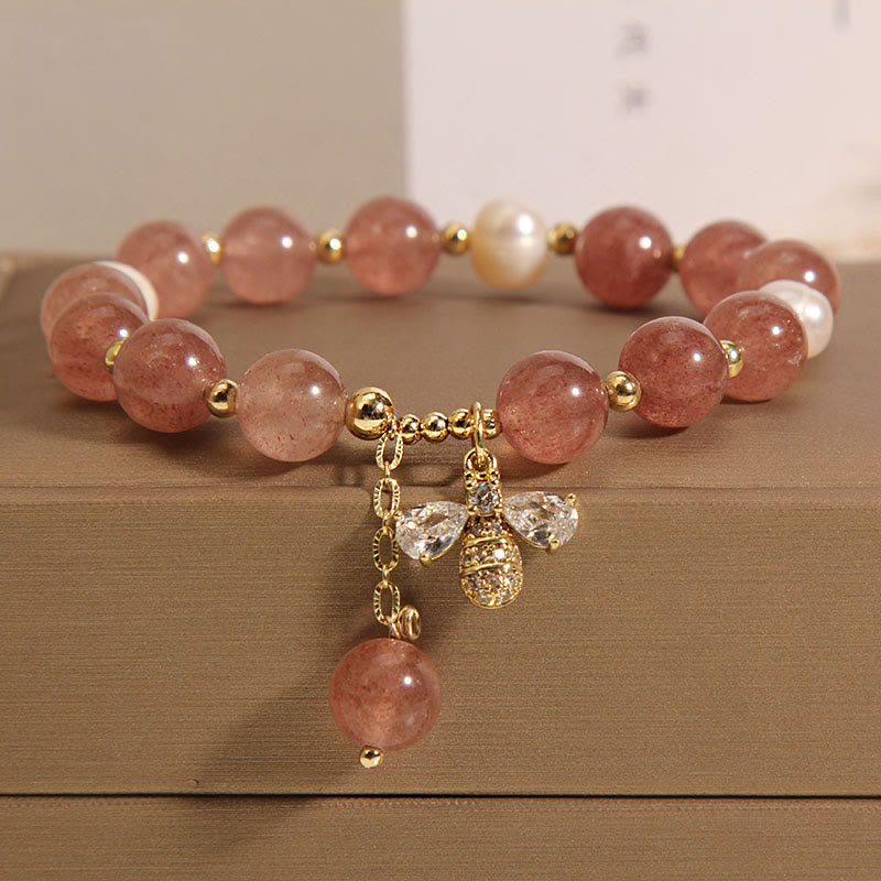 Wear FengShui Strawberry Quartz Pearl Cute Zircon Honeybee Positive Charm Bracelet