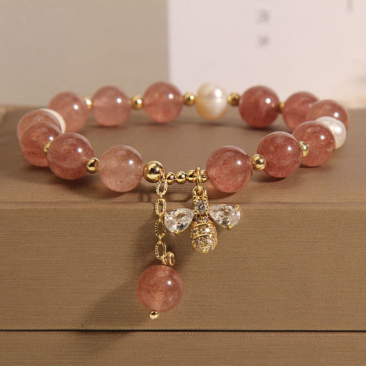 Wear FengShui Strawberry Quartz Pearl Cute Zircon Honeybee Positive Charm Bracelet
