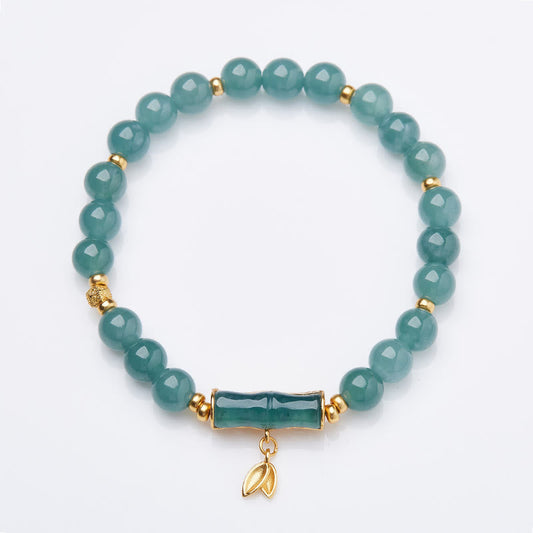 Wear FengShui 925 Sterling Silver Plated Gold Natural Green Jade Bamboo Charm Luck Bracelet