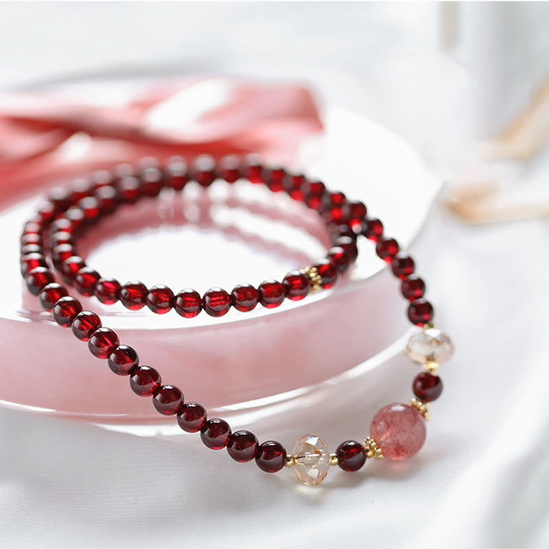 Wear FengShui 14K Gold Plated Natural Garnet Strawberry Quartz Stability Double Wrap Bracelet