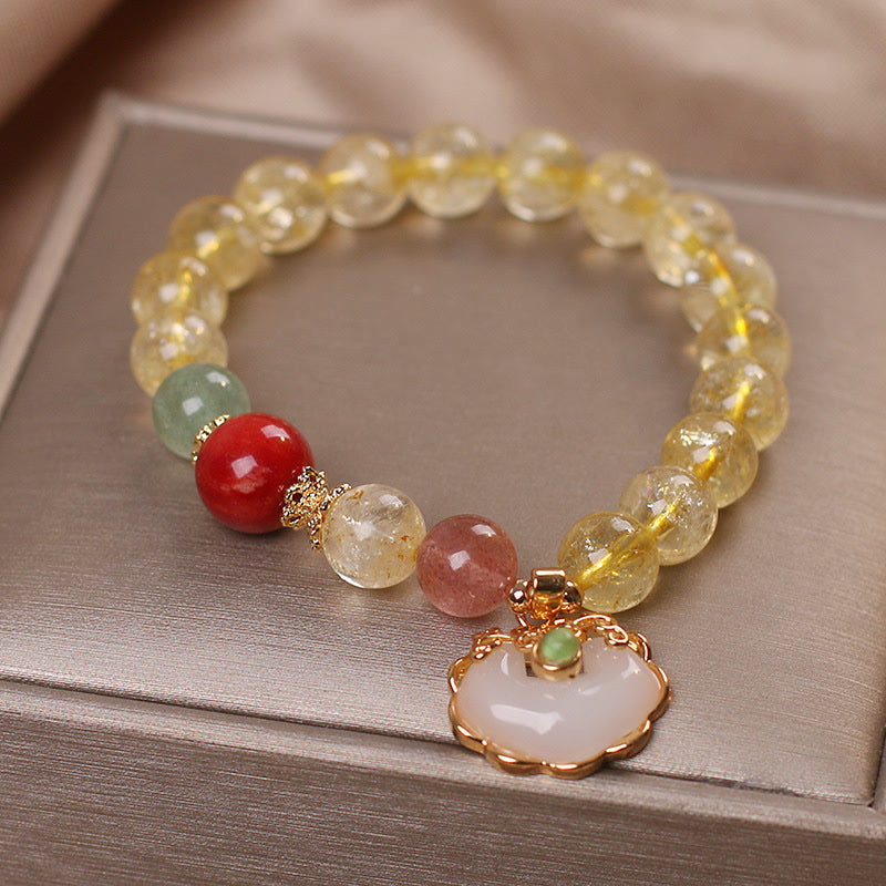 Wear FengShui Natural Citrine White Jade Strawberry Quartz Protection Charm Bracelet