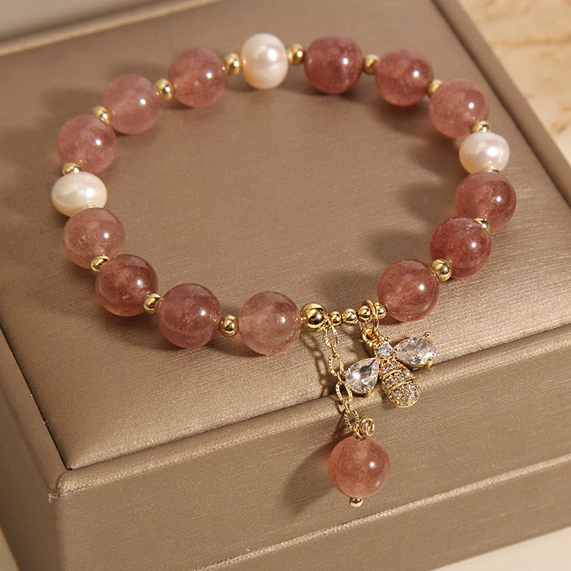 Wear FengShui Strawberry Quartz Pearl Cute Zircon Honeybee Positive Charm Bracelet