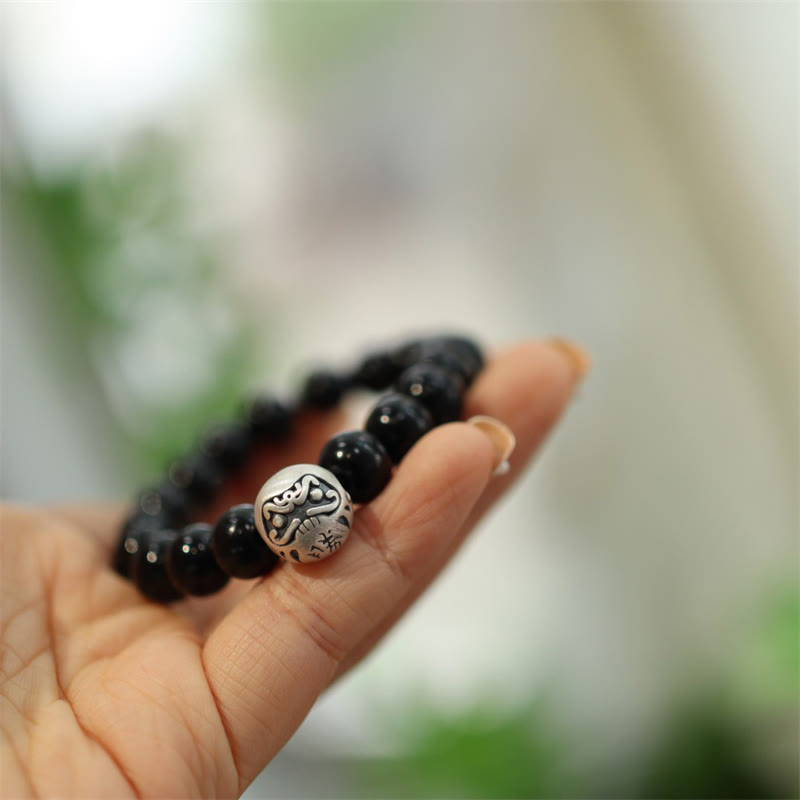 Wear FengShui 925 Sterling Silver Black Onyx Bead Character Engraved Protection Bracelet