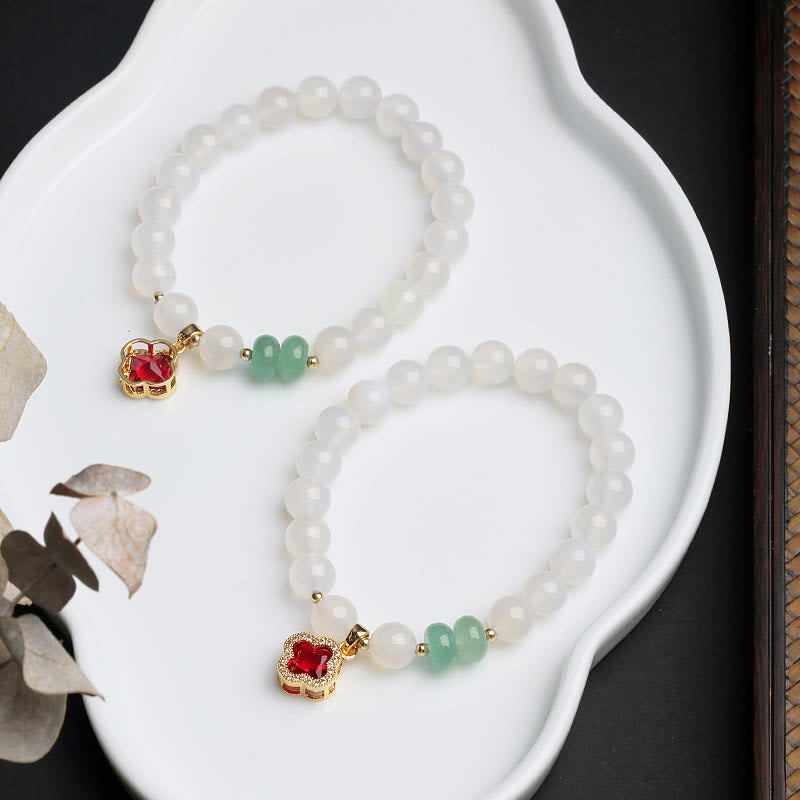 Wear FengShui Natural White Agate Red Agate Money Bag Fu Character Four Leaf Clover Protection Bracelet