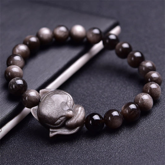 Wear FengShui Natural Silver Sheen Obsidian Fox Protection Bracelet