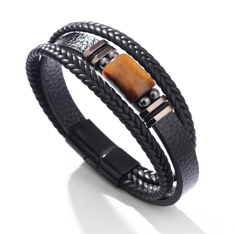 Wear FengShui Tiger Eye Power Magnetic Buckle Multilayered Leather Bracelet
