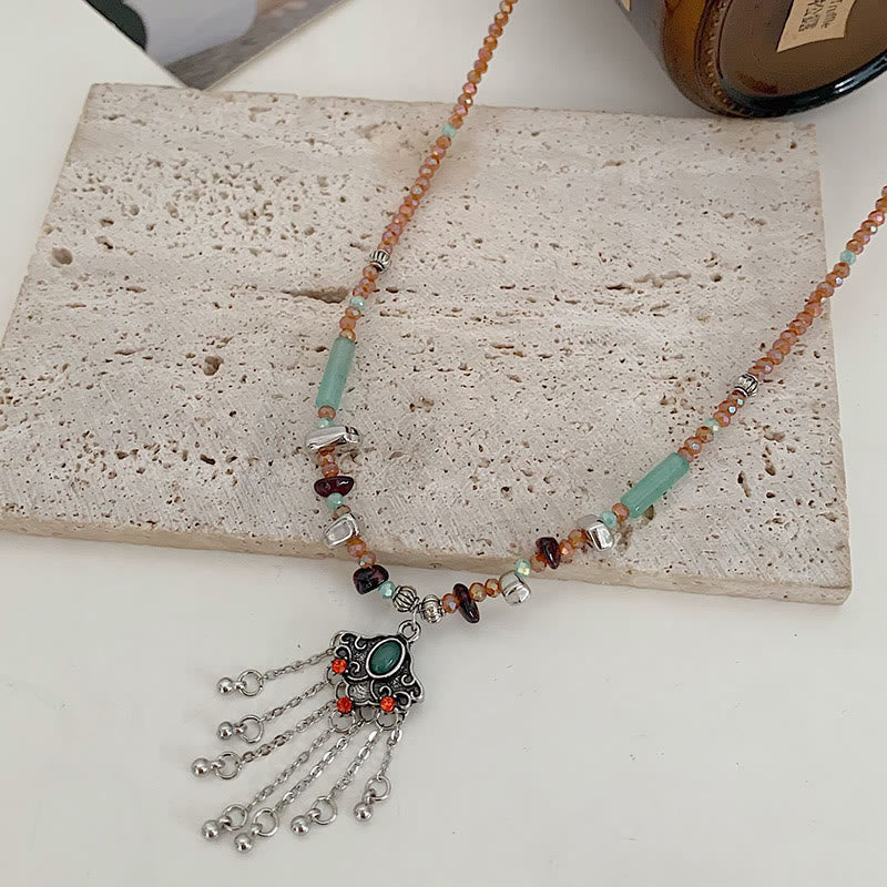Wear FengShui Tibetan Crystal Stone Copper Luck Tassel Necklace Pendant