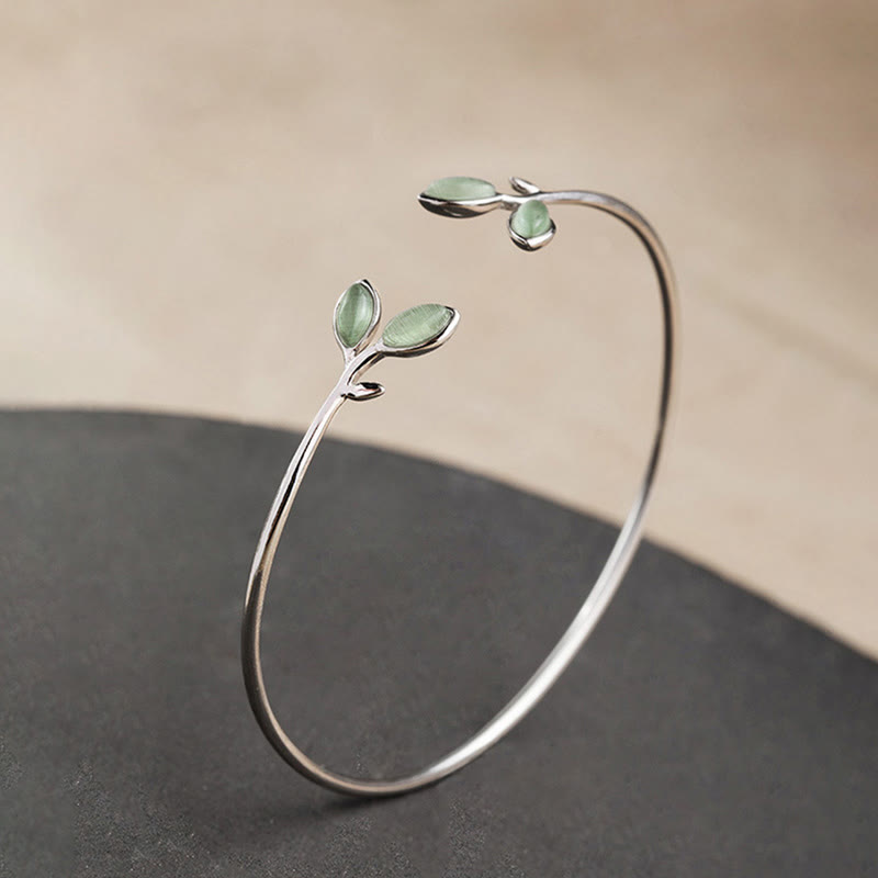 Wear FengShui Leaf Pattern Cat Eye Support Cuff Bracelet Bangle