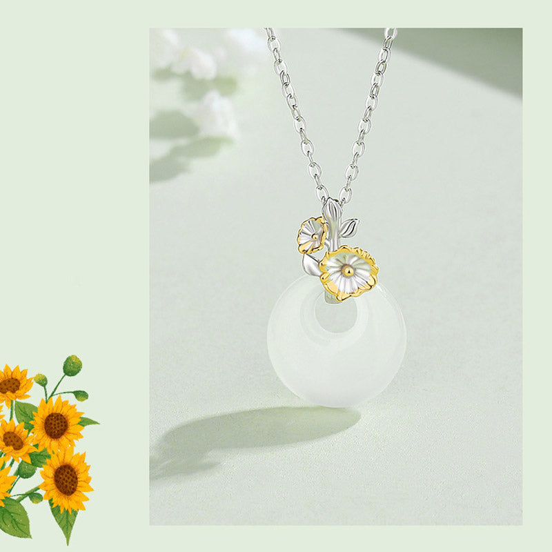Wear FengShui 925 Sterling Silver Round Chalcedony Twelve Months Flower Harmony Necklace Pendant