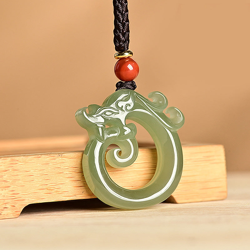 Wear FengShui White Jade Cyan Jade Dragon Protection Necklace String Pendant