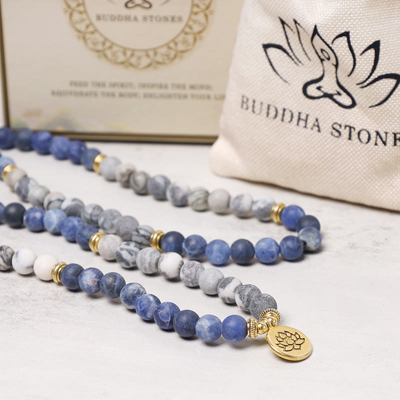 Wear FengShui 108 Natural Picasso Jasper & Blue Stone Mala Bead Lotus Pendant Bracelet