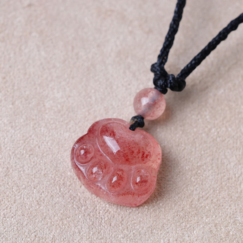 Wear FengShui Strawberry Quartz Lovely Cat Paw Claw Healing Necklace Pendant