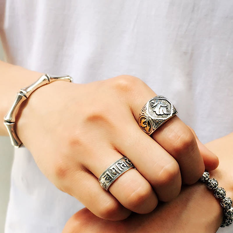 Wear FengShui 925 Sterling Silver Sanskrit Design Carved Protection Adjustable Ring
