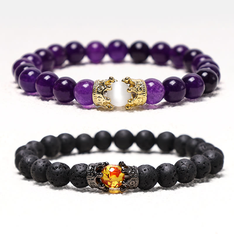 Wear FengShui Natural Stone King&Queen Crown Healing Energy Beads Couple Bracelet