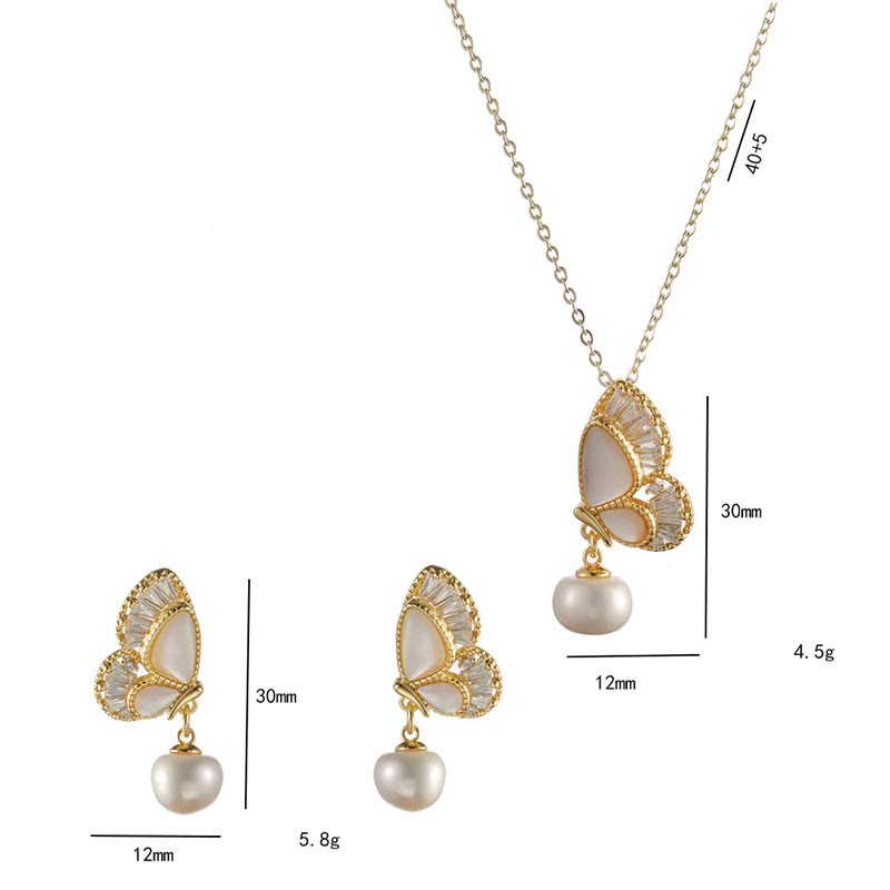 Wear FengShui Tridacna Stone Pearl Bead Butterfly Healing Necklace Pendant Earrings Set