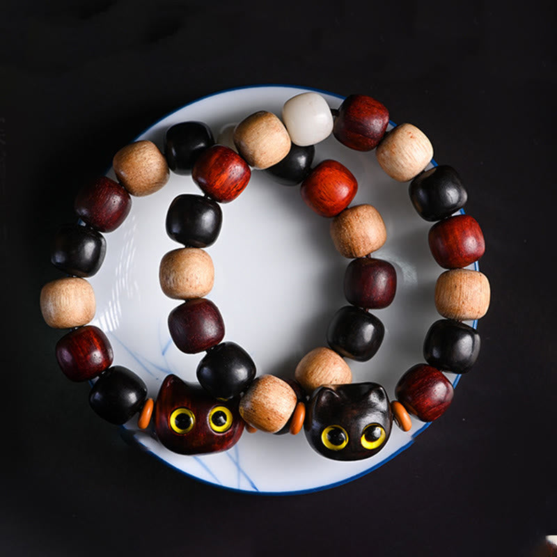 Wear FengShui Small Leaf Red Sandalwood Ebony Wood Cute Cat Engraved Protection Bracelet