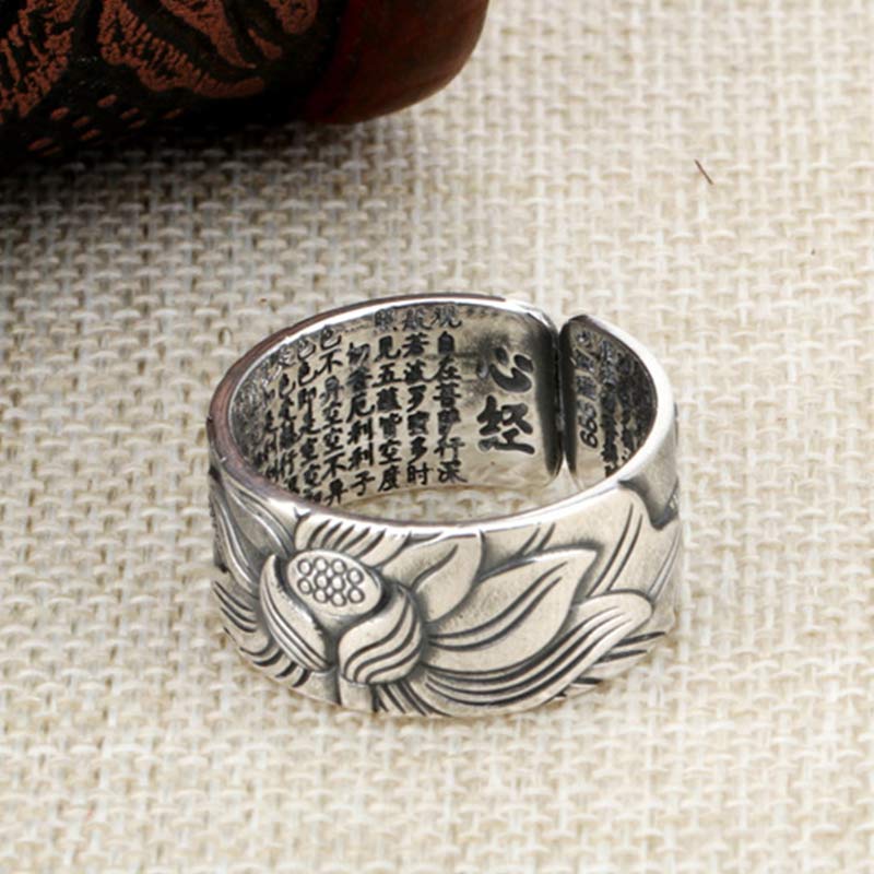 Wear FengShui 999 Sterling Silver Lotus Symbol Heart Sutra Protection Ring