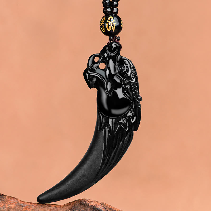 Wear FengShui Natural Black Jade Chinese Zodiac Dragon Tooth Pattern Protection Necklace Pendant