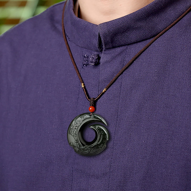 Wear FengShui One's Luck Improves Design Patern Natural Hetian Cyan Jade Success Necklace Pendant