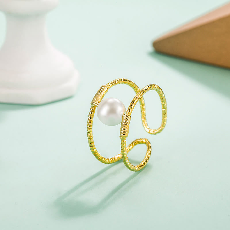Wear FengShui Round Jade Pearl Bead Double Layer Copper Luck Adjustable Ring
