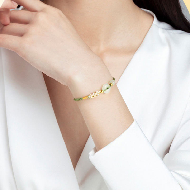 Wear FengShui Hetian Jade Peace Buckle Luck Peach Blossom Braided Bracelet