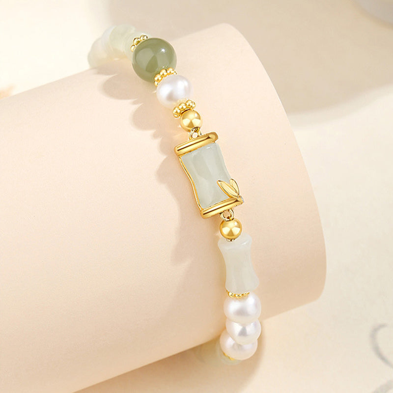 Wear FengShui 925 Sterling Silver Natural Hetian White Jade Bamboo Luck Blessing Bracelet