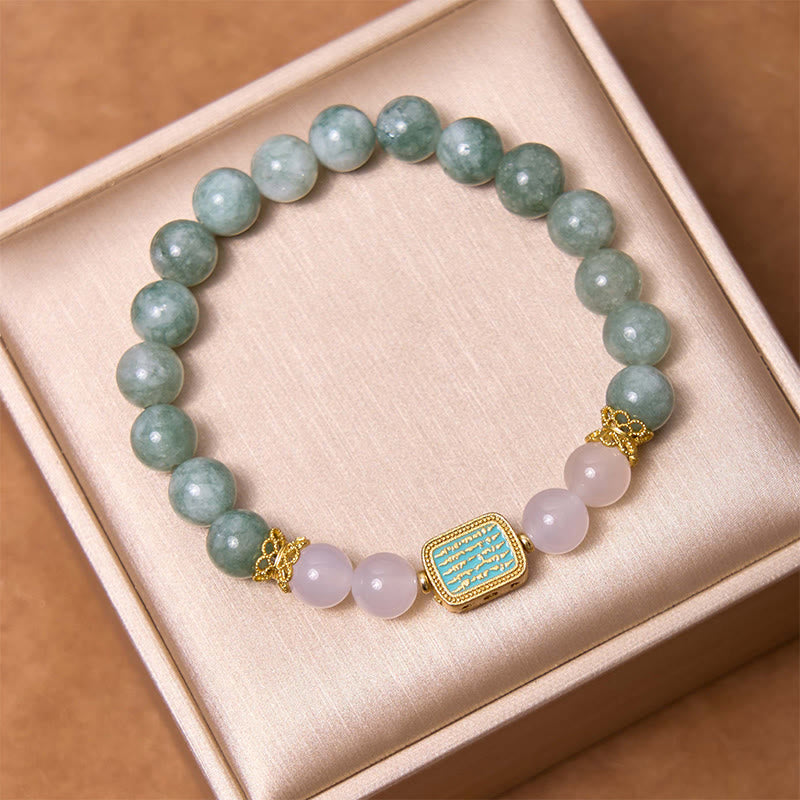Wear FengShui Natural Green Jade White Agate Five Scriptures Abundance Bracelet