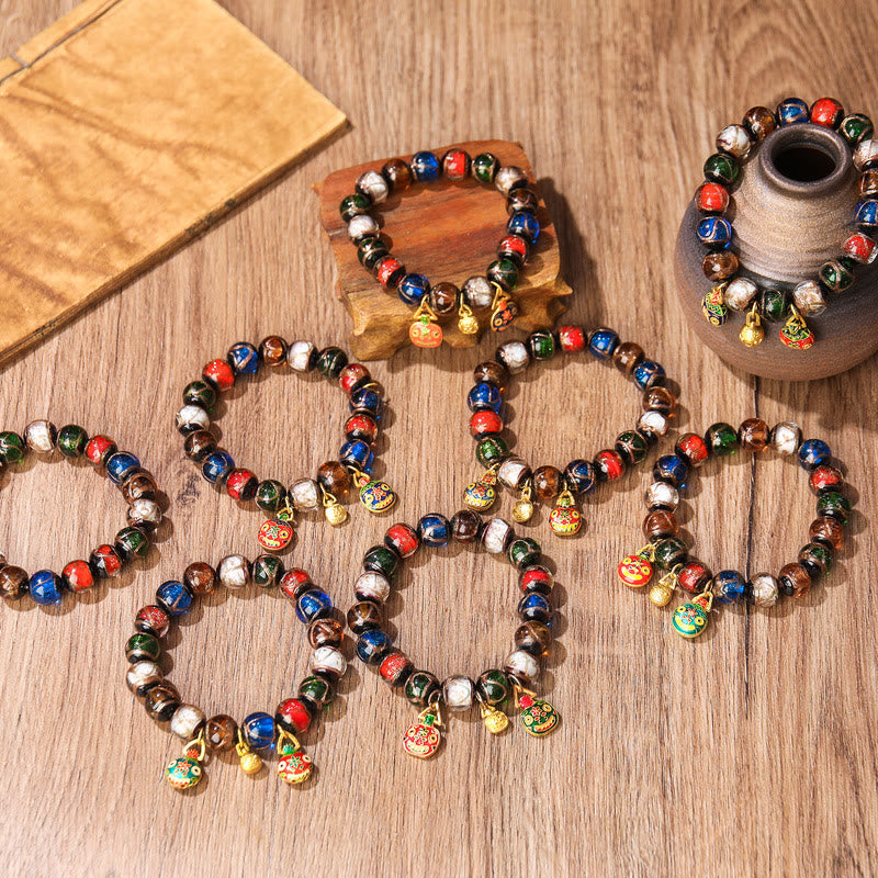 Wear FengShui Five Elements Gold Swallowing Beast Family Charm Liuli Glass Bead Luck Bracelet