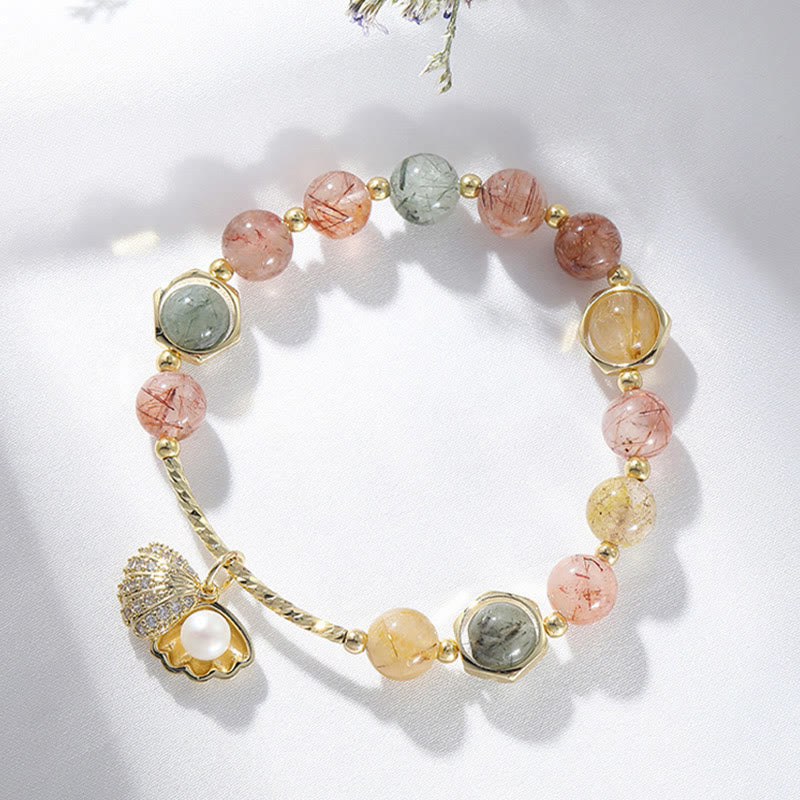 Wear FengShui Natural Colorful Rutilated Quartz Shell Protection Bead Bracelet