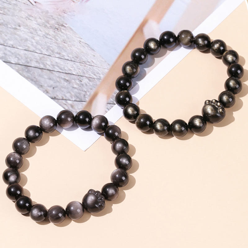 Wear FengShui Natural Gold Sheen Obsidian Silver Sheen Obsidian Cute Cat Paw Claw Wealth Bracelet