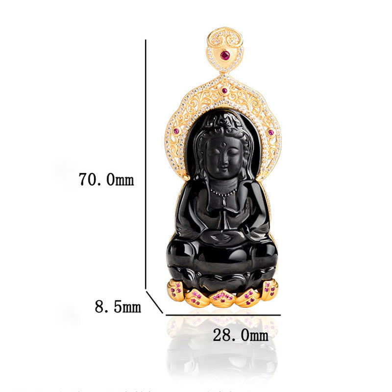 Wear FengShui Natural Black Jade Kwan Yin Avalokitesvara Wealth Titanium Steel Chain Necklace Pendant