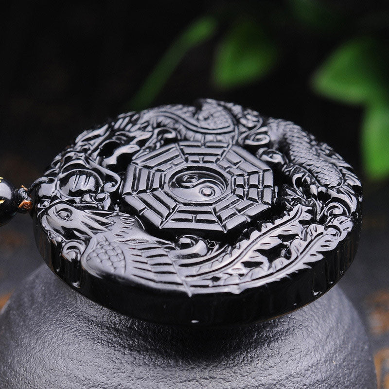 Wear FengShui Bagua Dragon Phoenix Obsidian Fulfilment Pendant Necklace
