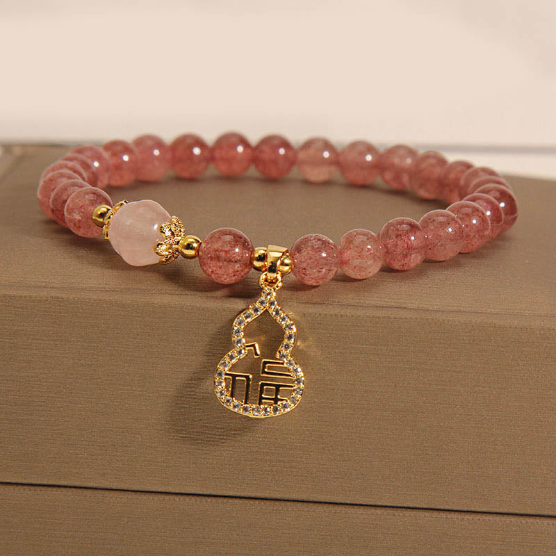 Wear FengShui Strawberry Quartz Gourd Fu Character Charm Positive Bracelet