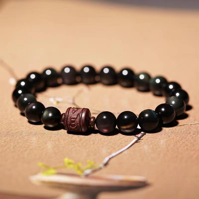 Wear FengShui Natural Gold Sheen Obsidian Rainbow Obsidian Om Mani Padme Hum Fu Character Healing Bracelet