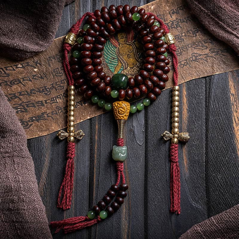 Wear FengShui Natural Tibet 108 Mala Beads Purple Bodhi Seed Hetian Cyan Jade Copper Dorje Peace Bracelet