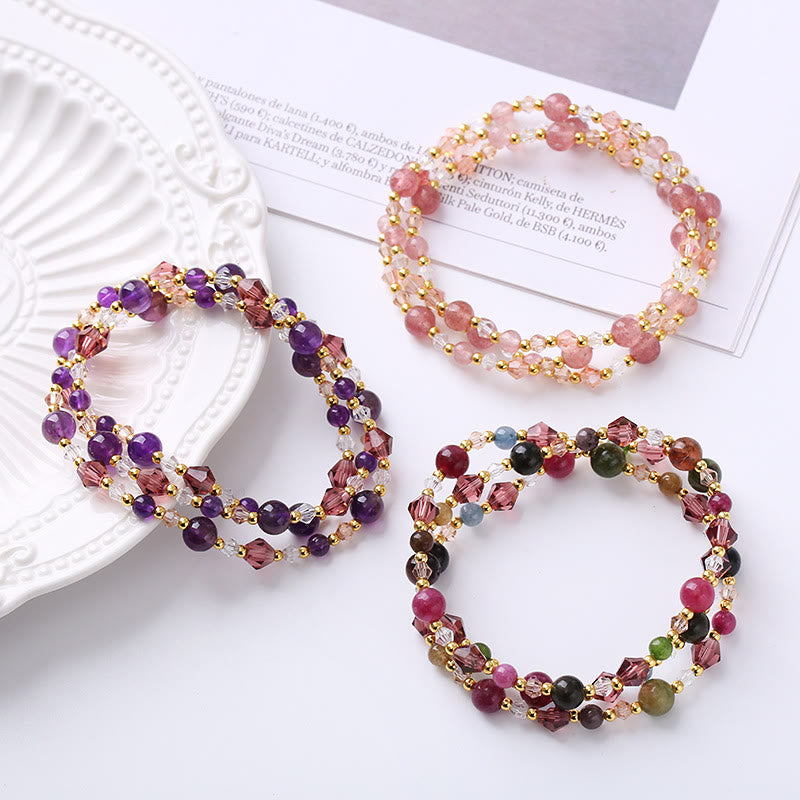 Wear FengShui Natural Tourmaline Strawberry Quartz Amethyst Peace Wisdom Double Wrap Bracelet