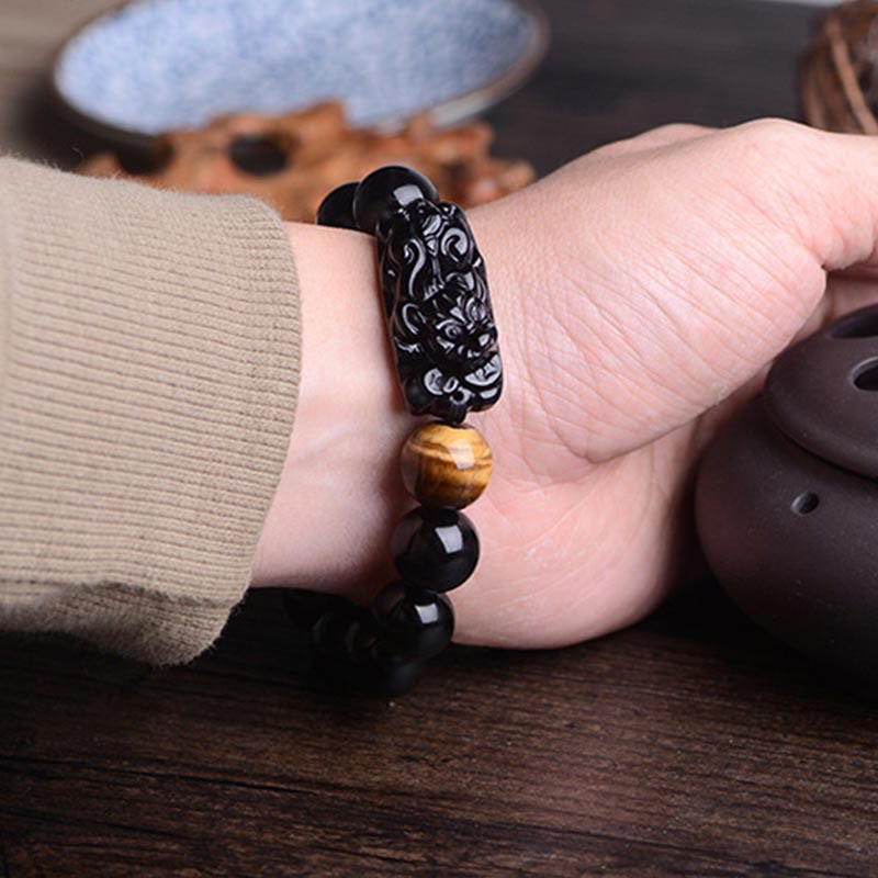 Wear FengShui Natural Black Obsidian PiXiu Tiger's Eye Strength Bracelet